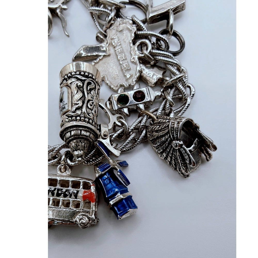 Vintage World Travelers Charm Bracelet Silver  55g London Vegas Munich & more - Picture 3 of 16